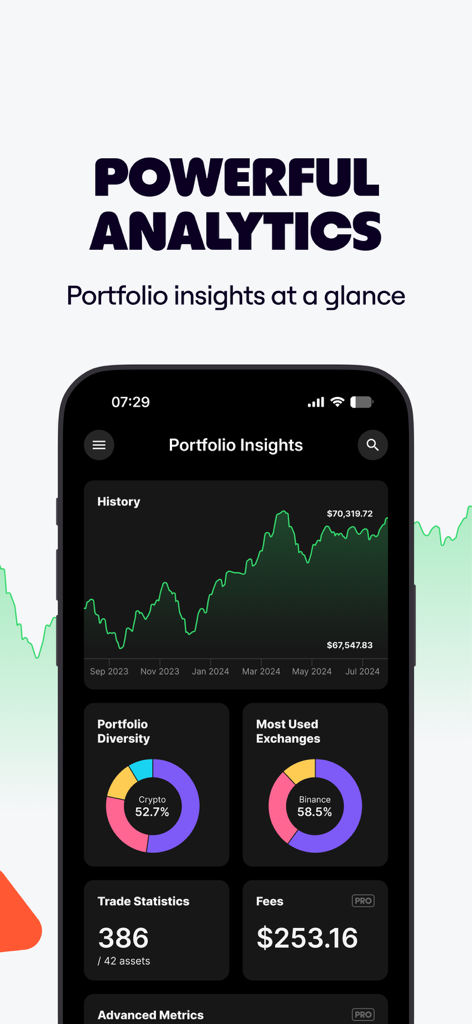 Application mobile Delta par eToro affichant des informations sur le portefeuille avec un graphique d'historique de performance et une répartition de la diversité des actifs