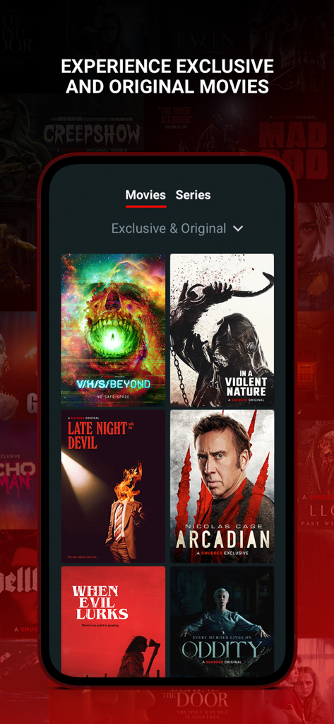 Shudder: Horror & Thrillers - Shudder mobile app interface showcasing a gallery of exclusive and original horror movies like Arcadian and Late Night with the Devil.