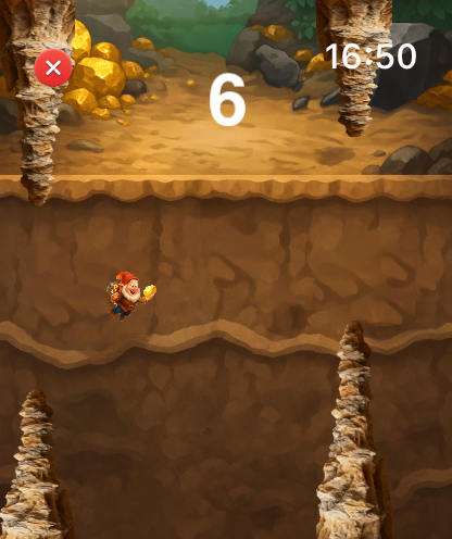 Gold Miner For Watch - Flying Miner character holding gold while navigating a cave in the Gold Miner For Watch app