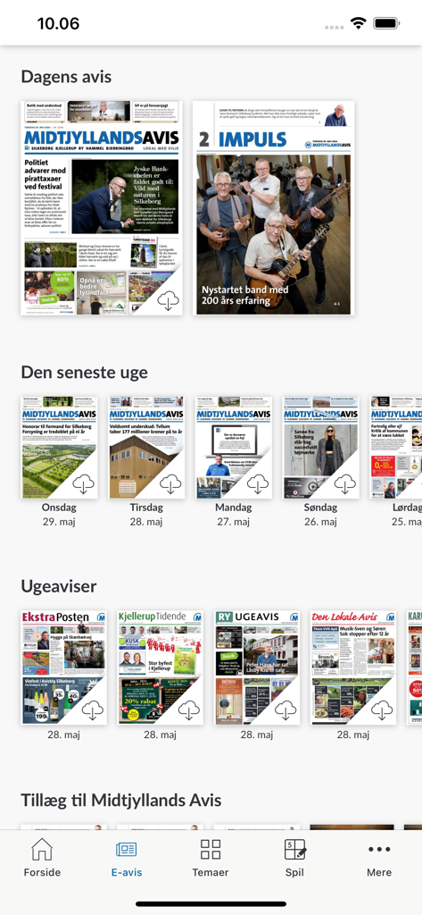 Midtjyllands Avis - The e-paper selection screen in the Midtjyllands Avis news app featuring daily and weekly digital editions