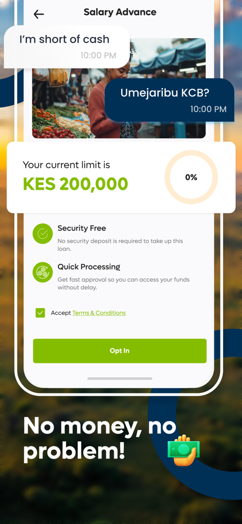 Pantalla de Anticipo de Salario en la nueva aplicación KCB Móvil que muestra un límite de KES 200,000 y detalles de procesamiento rápido.