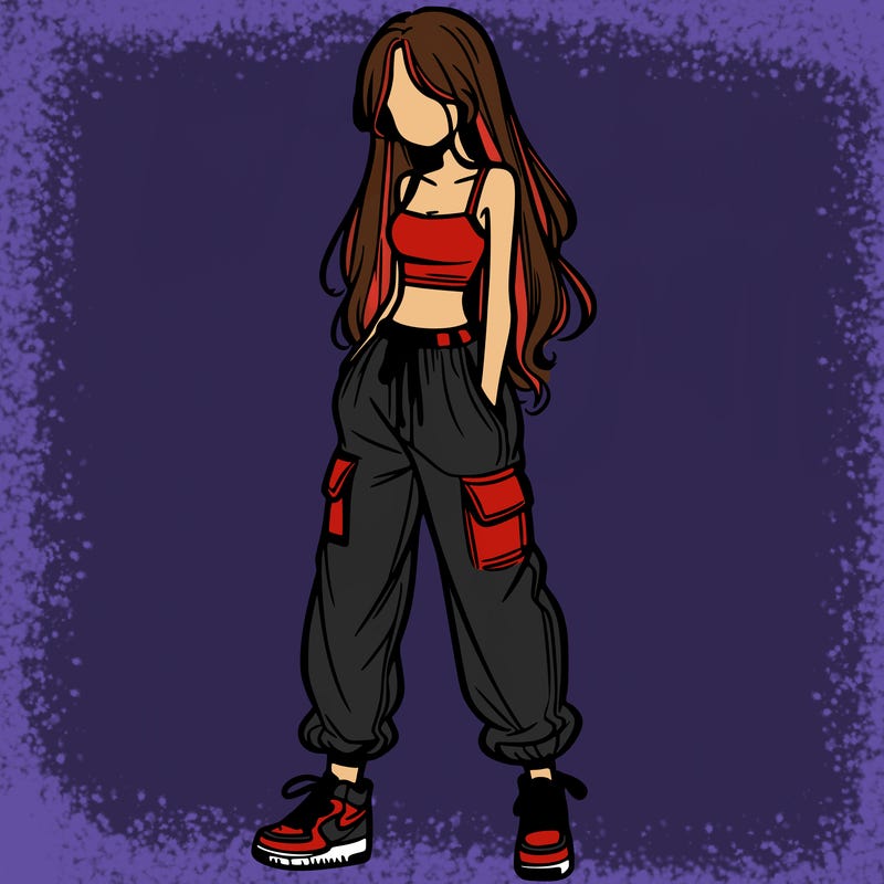 girl in baggy pants crop top and long hair