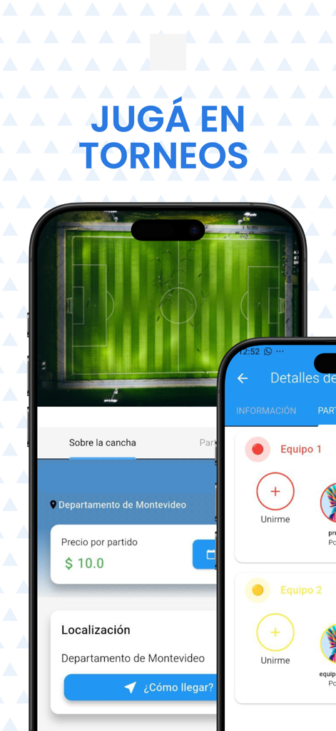 FUTPLAY app interface showing soccer field location and team selection options for matches