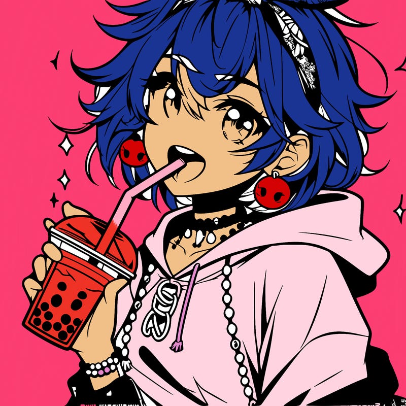 hot baddie anime girl drinking boba and biting the straw