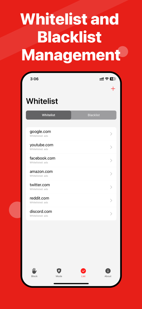 Ads Blocker - Fast & Complete - Google 및 YouTube와 같은 웹사이트 목록과 함께 화이트리스트 및 블랙리스트 관리 화면을 보여주는 광고 차단기 앱의 인터페이스