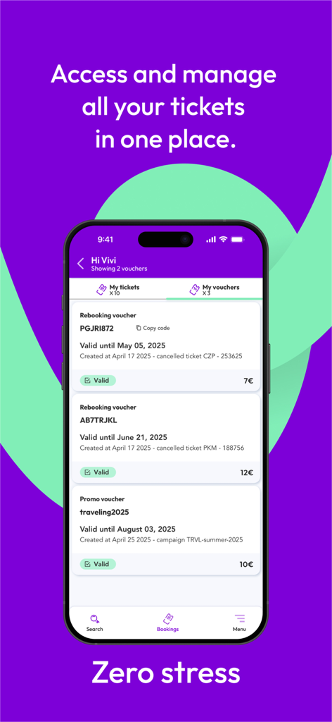 Traveling.com - Mobile app screen showing rebooking and promo vouchers in the Traveling.com bookings manager