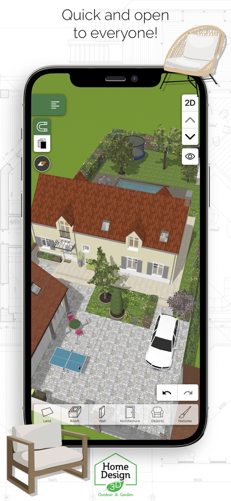 Home Design 3D Outdoor Garden App zeigt eine 3D-Haus- und Gartenvisualisierung