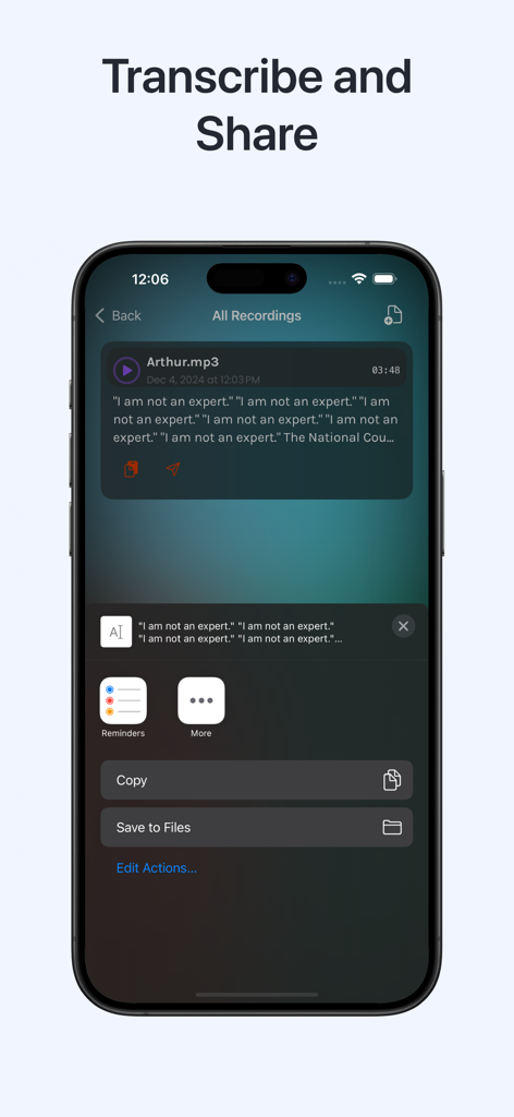 Jotter: Transcribe Voice Video - Jotter app screen for sharing and saving voice transcriptions