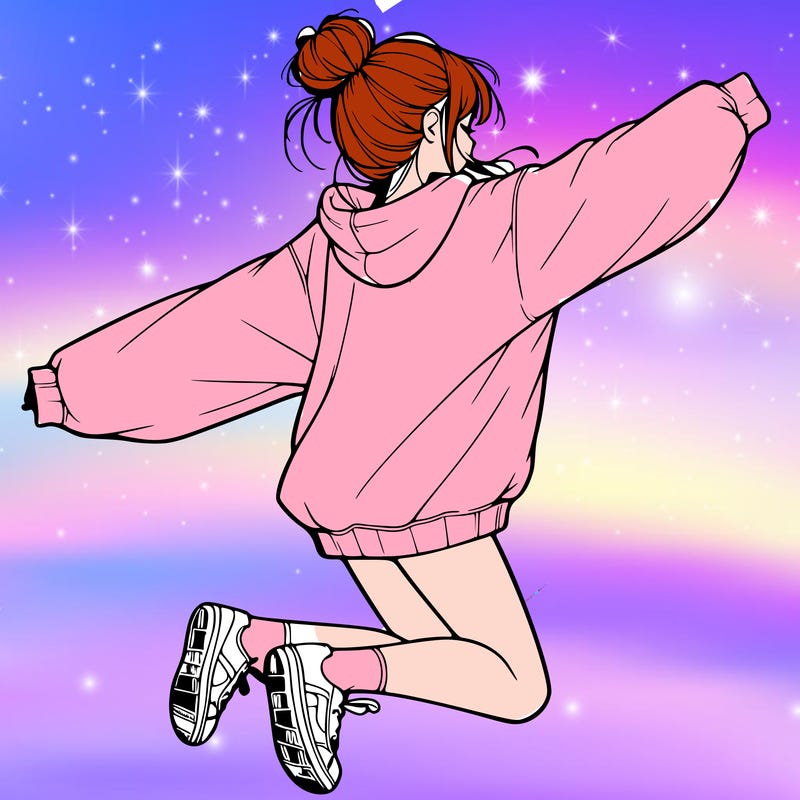 realistic girl jumping with a bun and oversized sweatshirt