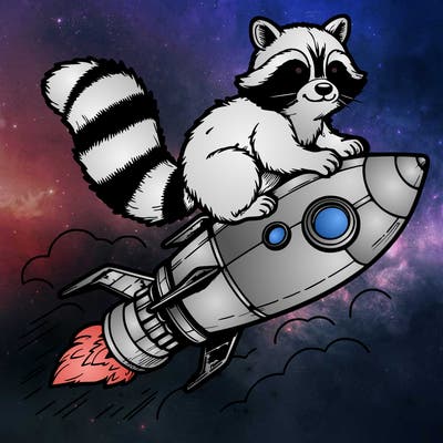 realistic raccoon flying on top rocket ship