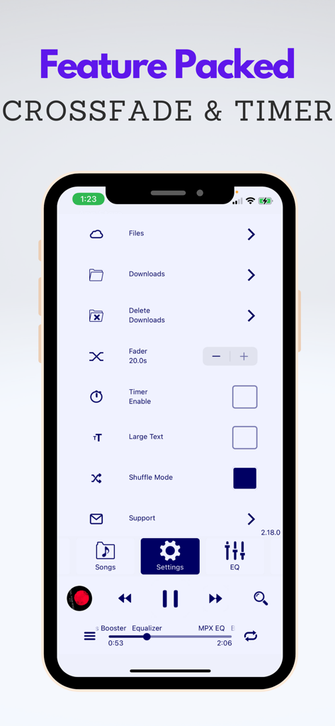 Music Player X : Equalizer - Music Player X app settings menu showing options for crossfade and song timer