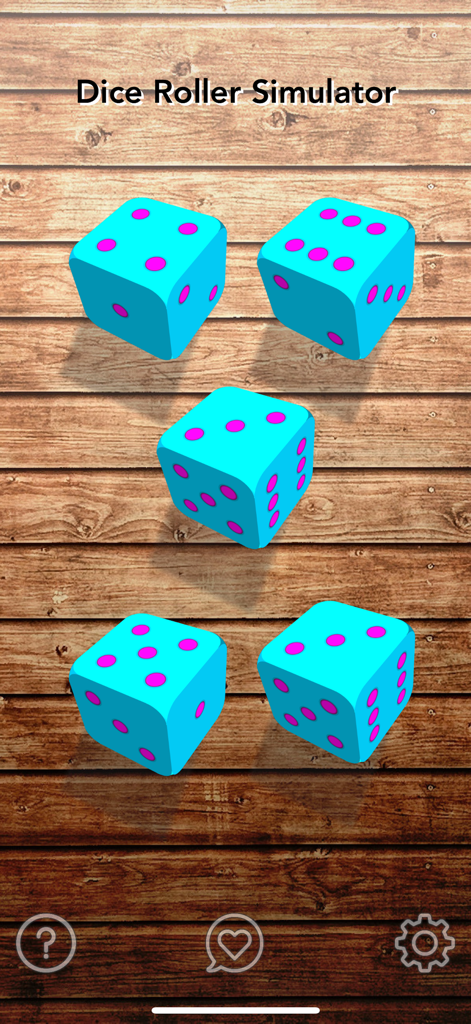 Dice Roller Simulator - Dice Roller Simulator app showing five blue virtual dice on a wooden background