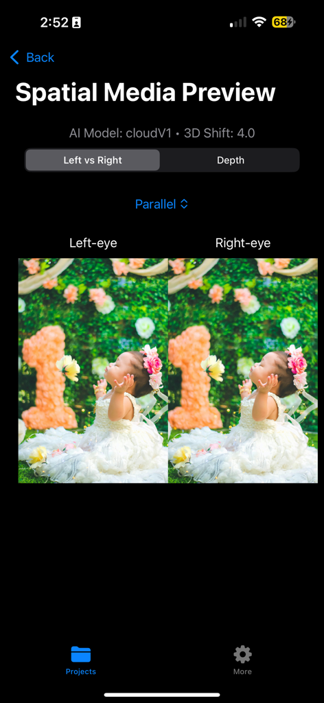 Spatial Video Studio - Spatial Video Studio app showing a side by side left and right eye comparison for 3D spatial media preview