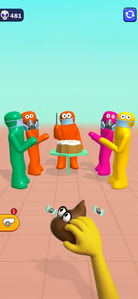 キャノン・カオス：おもしろショット！モバイルゲームで、ケーキの周りにマスクをしたカラフルなキャラクターたち