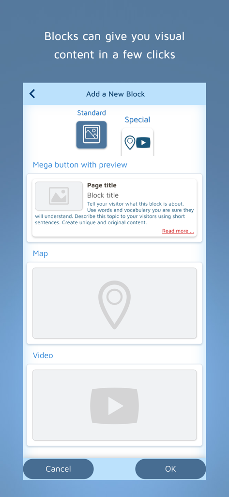 FreeSite – Website Maker - Interface for adding website blocks such as maps and videos in FreeSite