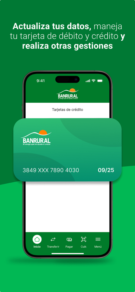Banrural mobile banking app interface showing credit card management options in Spanish.
