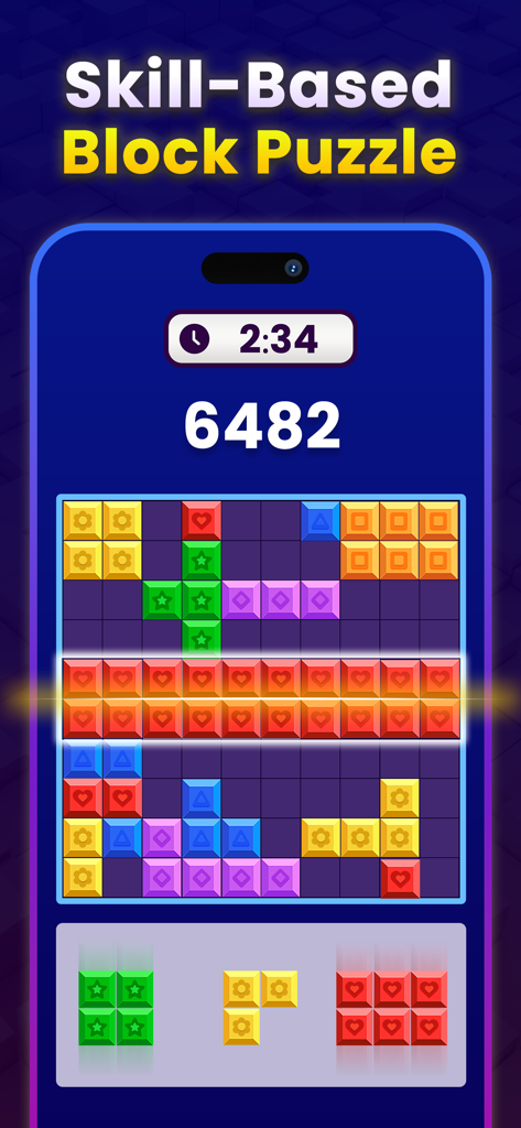 Block Puzzle Cash - Win Money - Skill based block puzzle game interface with colorful blocks and high score