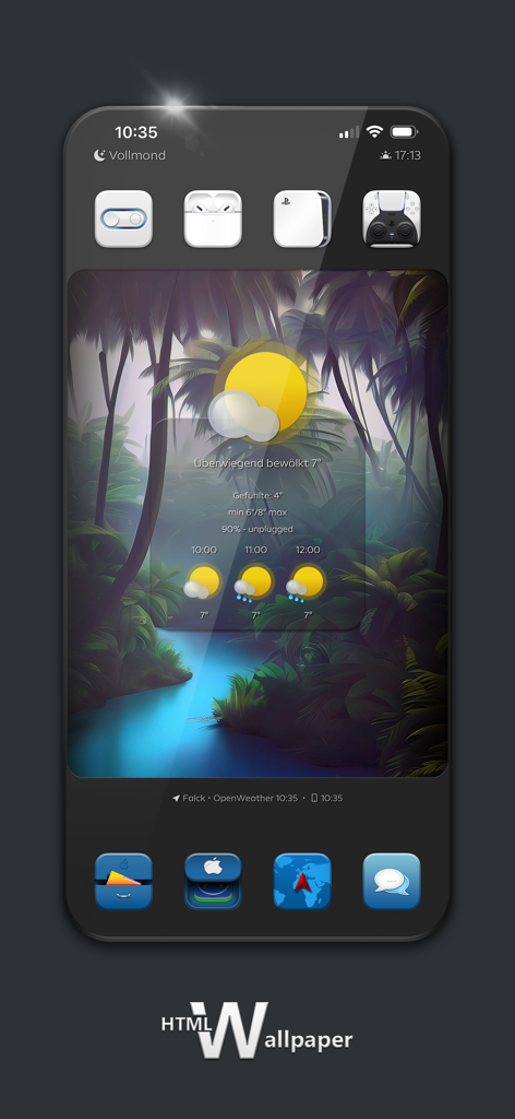 HTMLを使用したダイナミックな天気壁紙のiPhoneホーム画面。