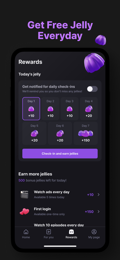 Shortcha app rewards screen showing daily check-ins and jelly rewards
