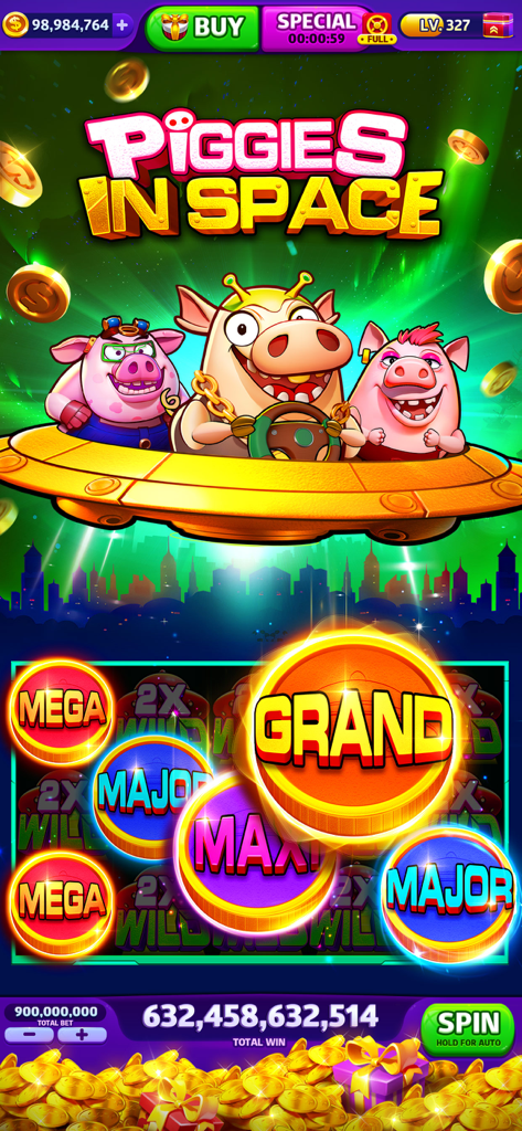 Cash Frenzy™ - Slots Casino - Temática de máquina tragamonedas Piggies in Space con cerdos de dibujos animados en un OVNI y varias monedas de jackpot