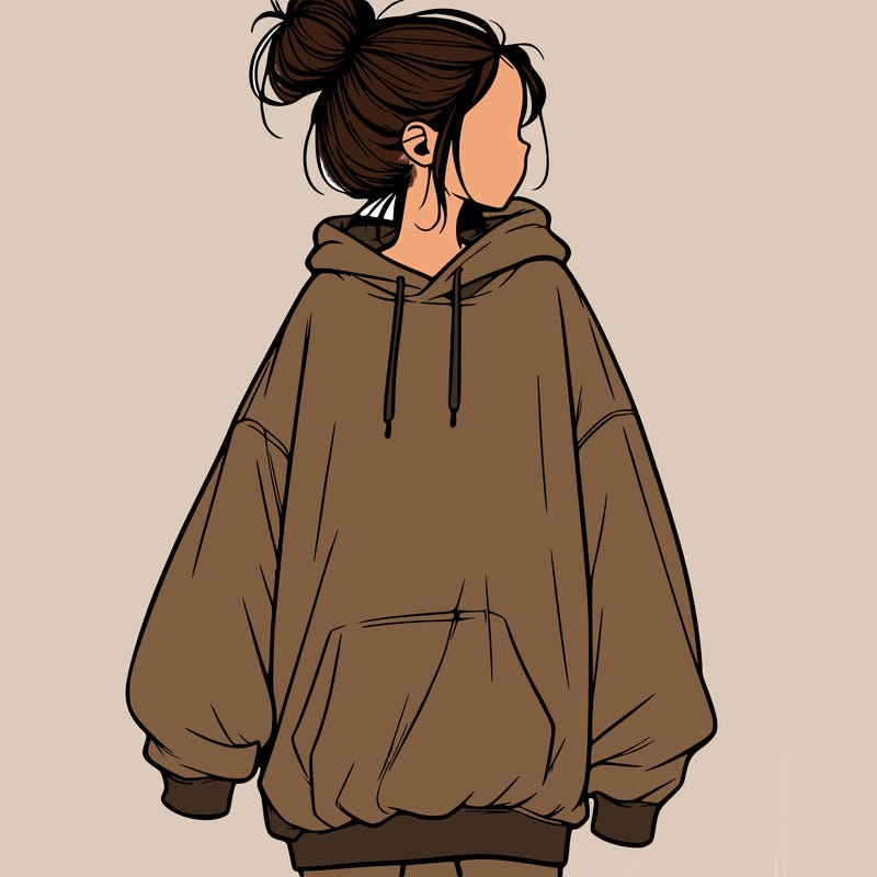 realistic girl with a oversized sweatshirt on and a bun
