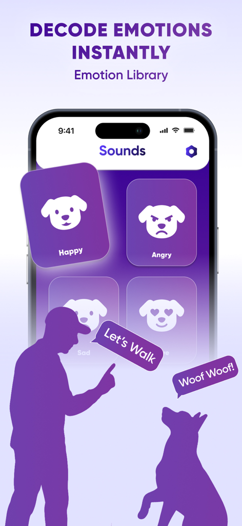 행복하고 화난 번역을 위한 다양한 강아지 감정 아이콘을 보여주는 Pawla 앱 인터페이스