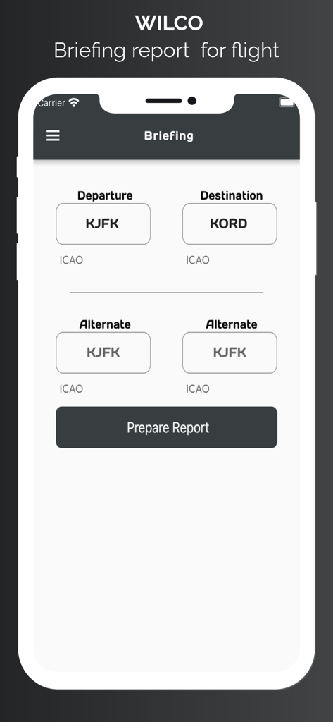 WilCo - Pilot Aviation Weather - The briefing report page in the WilCo app where pilots enter departure and destination airport ICAO codes.