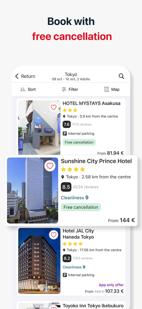 Amimir - Hotel Deal Searcher - Hotel search results in Tokyo on the Amimir app with free cancellation tags and exclusive deals