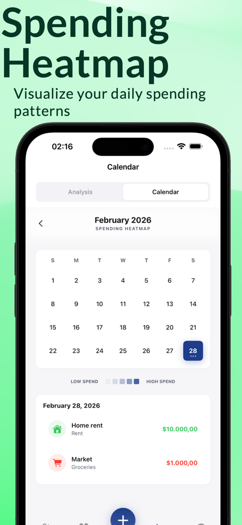Spendex – AI Budget Tracker - Spendex app spending heatmap calendar view showing daily expenses and patterns