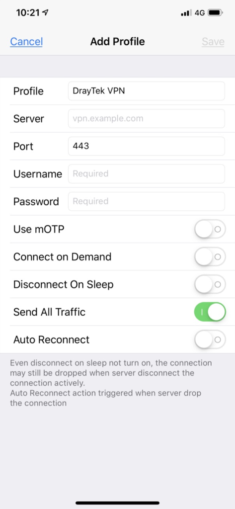 Configuration screen to add a new VPN profile in the DrayTek Smart-VPN app