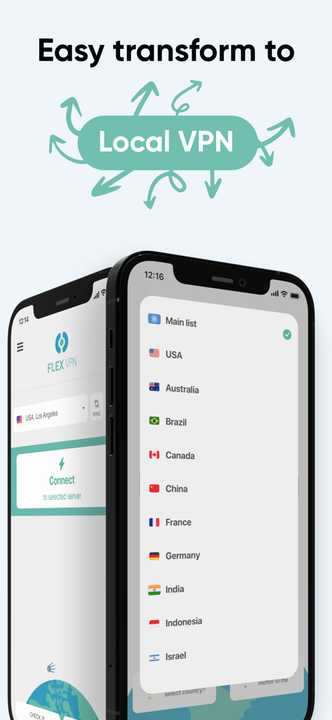 Flex VPN – Proxy+ unlimited - Flex VPN app showing a list of international server locations on iPhone