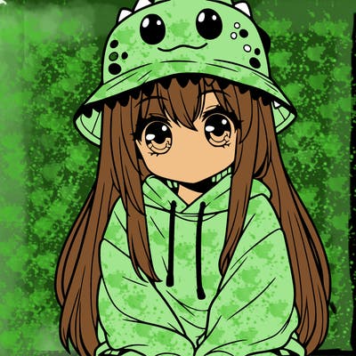 girl with anime shaped eyes with a dinosaur bucket hat oversized sweatshirt long straight hair