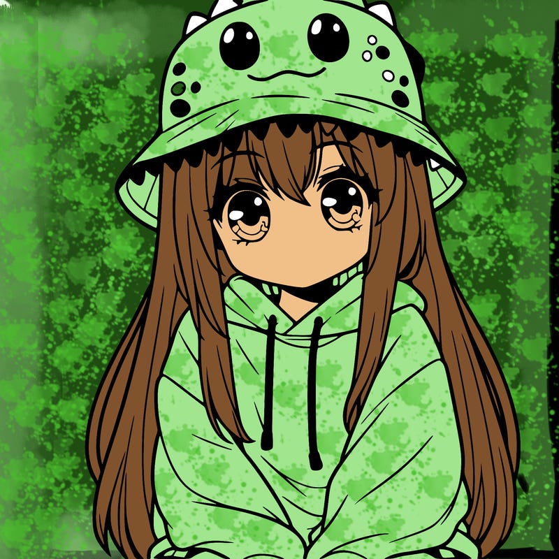 girl with anime shaped eyes with a dinosaur bucket hat oversized sweatshirt long straight hair