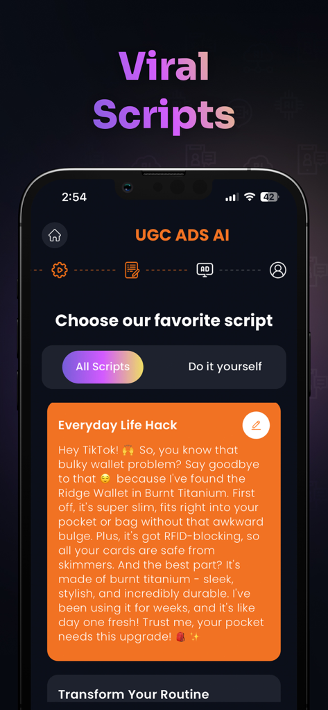 UGC Ads AI - A mobile app interface displaying AI-generated viral scripts for TikTok and social media advertising