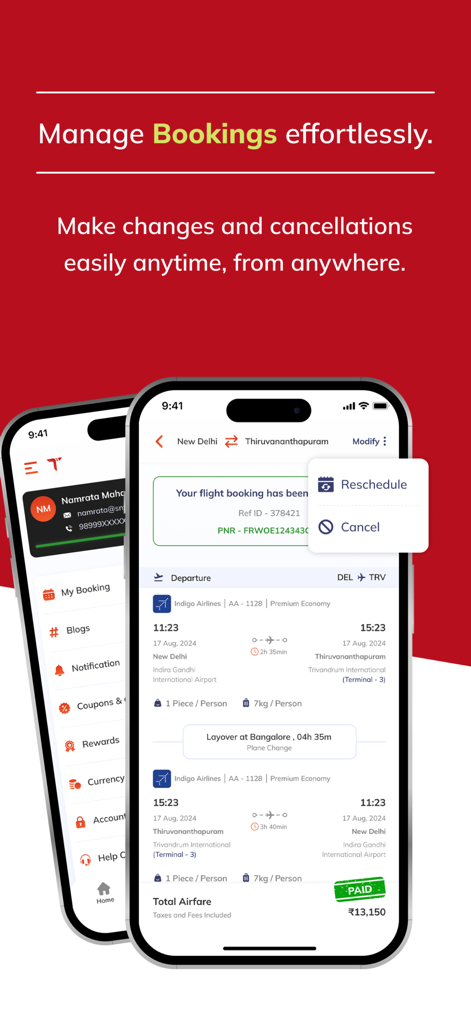 Travomint Flight, Hotels & Car - Travomint mobile app screen showing options to reschedule or cancel a flight booking between New Delhi and Thiruvananthapuram.