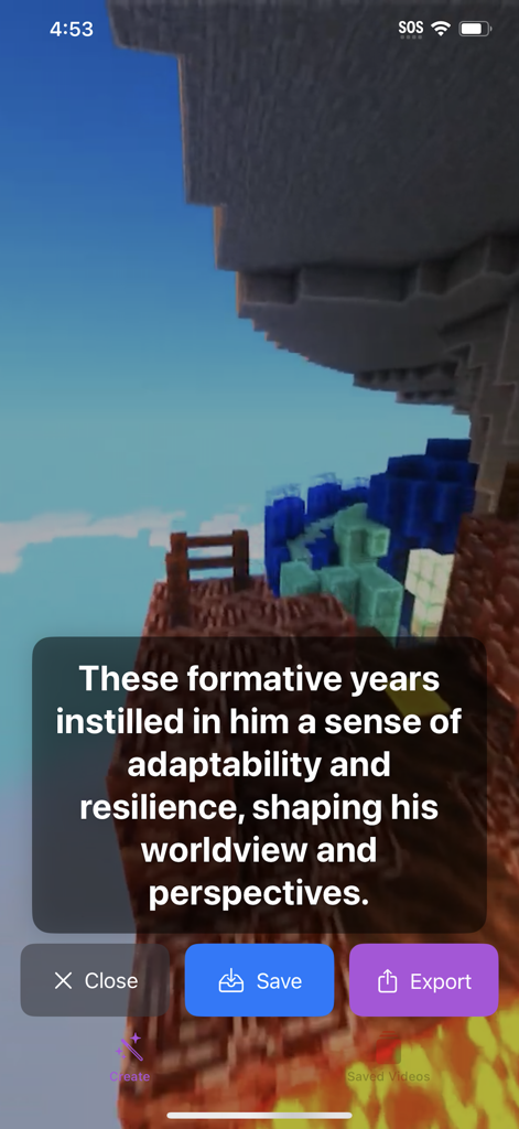 Flash loop - Flash loop app interface showing a narrated micro story with captions and video export options