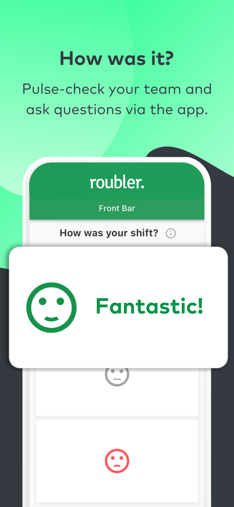 Roubler Clock - Roubler Clock app screen showing an employee pulse check survey with a happy smiley face emoji