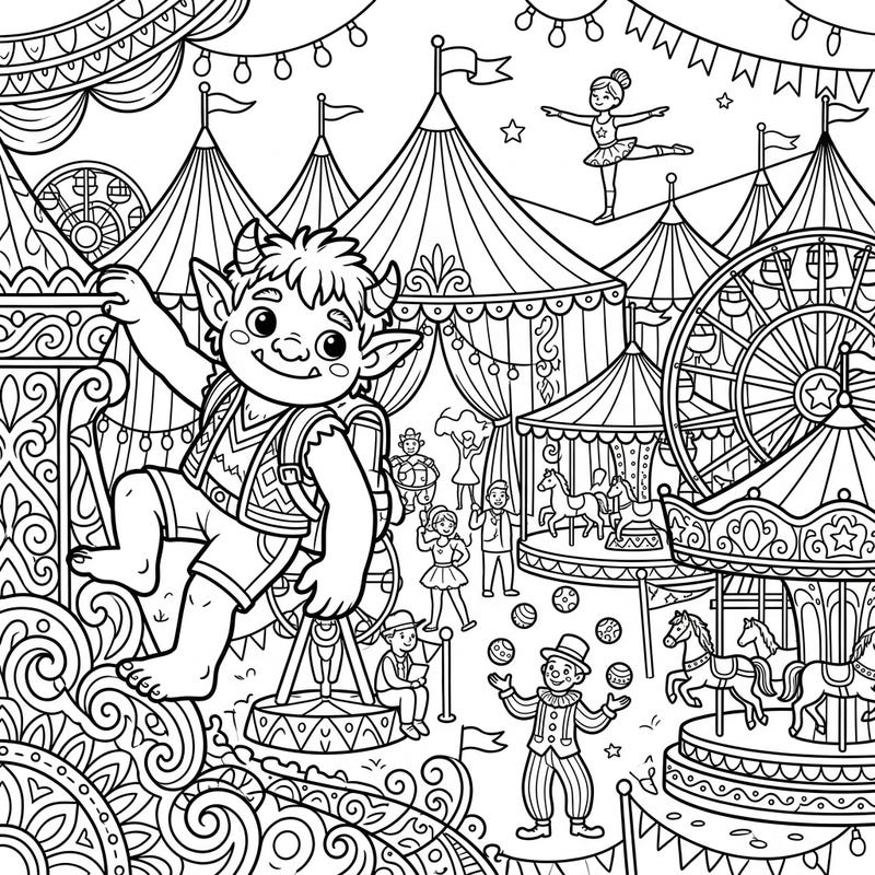 Dive into a whimsical carnival adventure with this captivating coloring page featuring a mischievous mountain goblin exploring the lively fairgrounds. Discover charming circus tents, exciting rides, and delightful performers waiting for your creative touch.