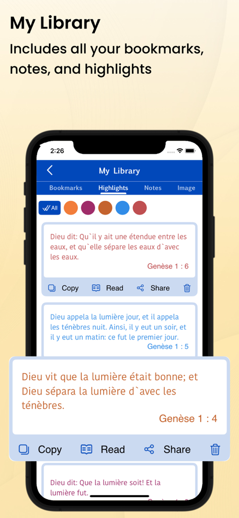 French Bible - La Bible - French Bible app interface showing highlighted verses in the My Library section.