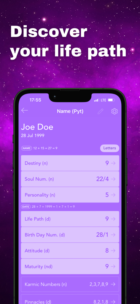 Pocket Numerology - Pocket Numerology app showing life path and destiny number calculations for a personal reading