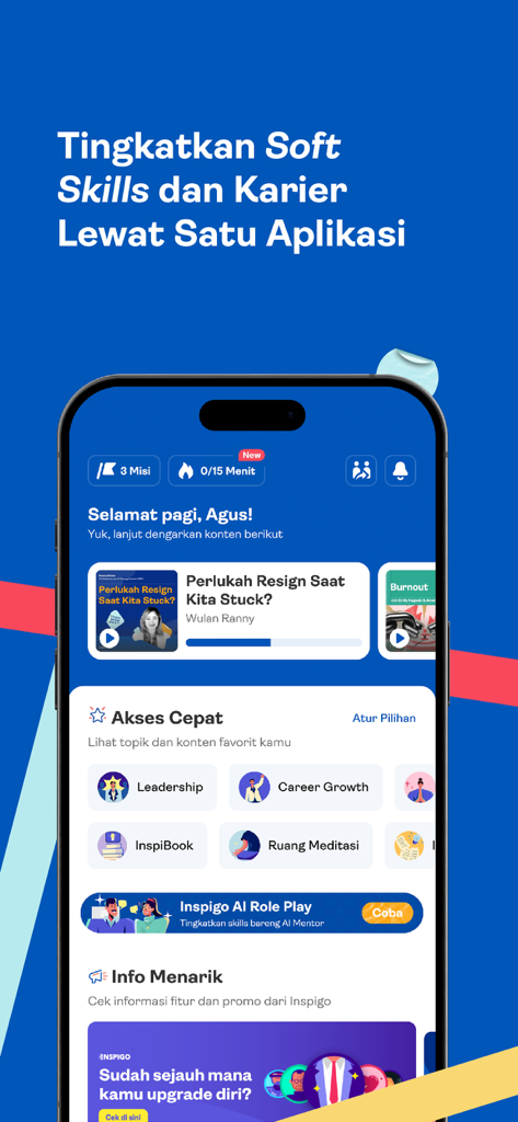 Inspigo Learning Experience - Home screen of the Inspigo app featuring sections for Leadership, Career Growth, Meditation, and AI Role Play.