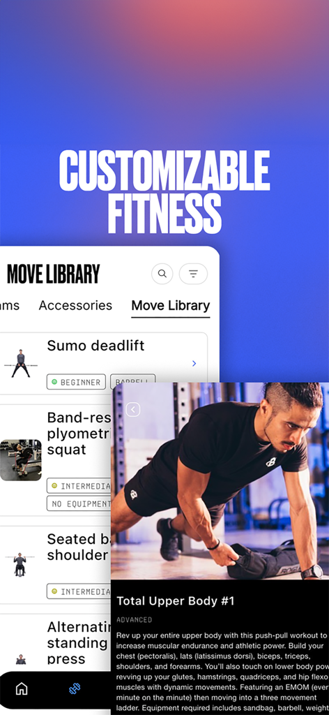 Bodybuilding.com app move library showing exercise tutorials and a total upper body workout program