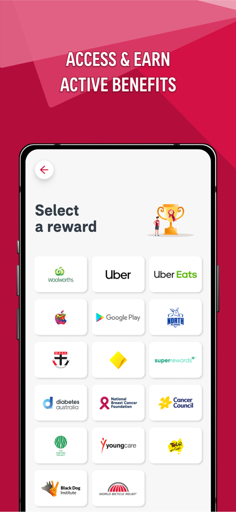 Tela de seleção de recompensas do aplicativo AIA Vitality Austrália mostrando marcas parceiras como Uber e Woolworths