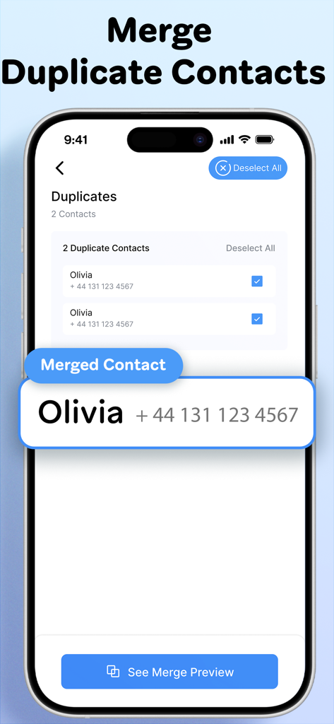 Phone cleaner + Photo cleaner - Interfaccia dell'app che mostra la funzione di unione contatti duplicati con un'anteprima di una scheda contatto unita.