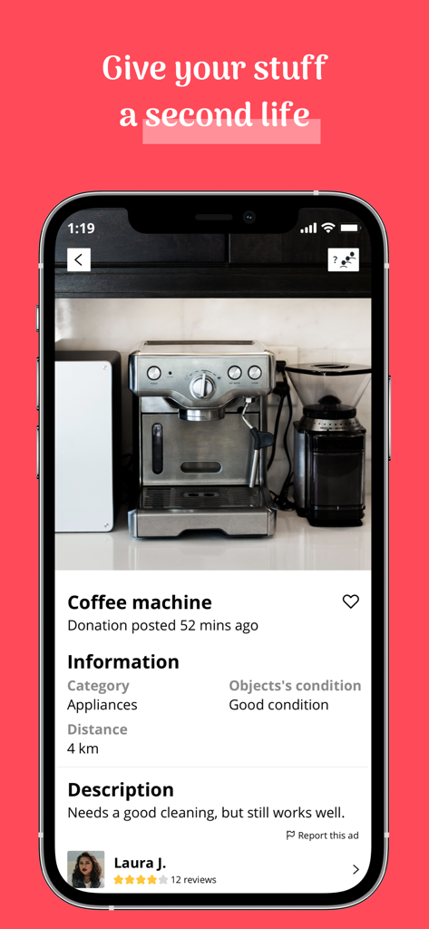 Geev le réflexe anti-gaspi - Geev app interface showing a donation for a used coffee machine.