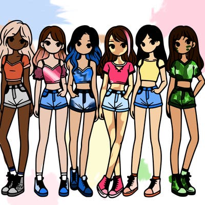 a group of girls wearing crop tops and shorts