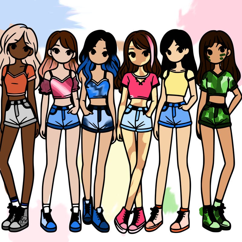 a group of girls wearing crop tops and shorts