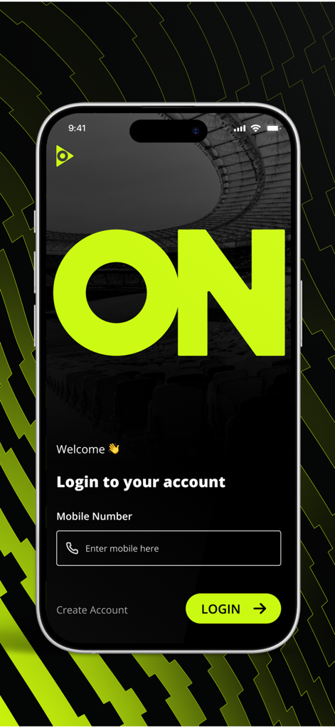 Login screen of the ON Sport mobile app with a stadium background and mobile number input field