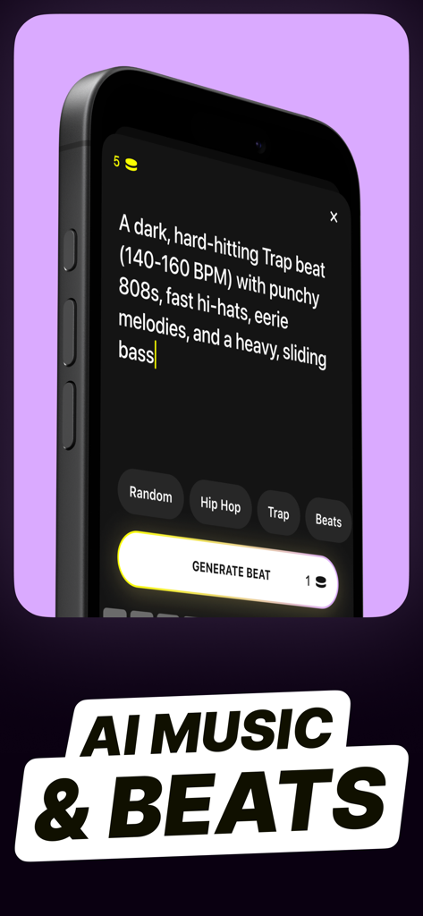 Lyric Studio - Rap Rhyme Maker - Interfaz de la aplicación Lyric Studio mostrando una indicación para generar un ritmo de trap con IA con opciones de estilos hip hop y trap