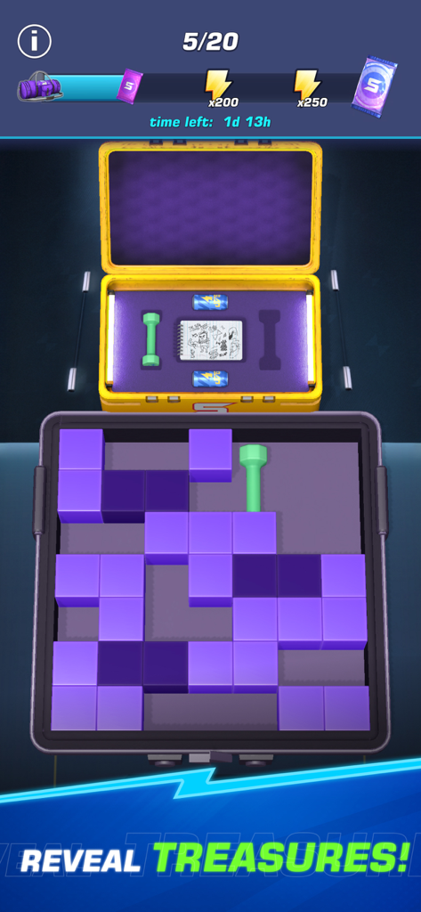 Power Slap - Un mini-jeu de puzzle dans Power Slap appelé "Reveal Treasures" montrant une grille de blocs violets et des récompenses comme des haltères et des points d'énergie.
